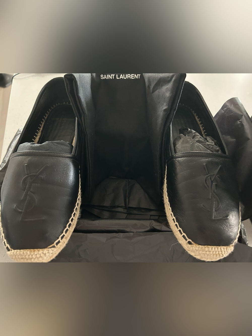 Saint Laurent Black Leather Espadrille Loafers with Jute Trim